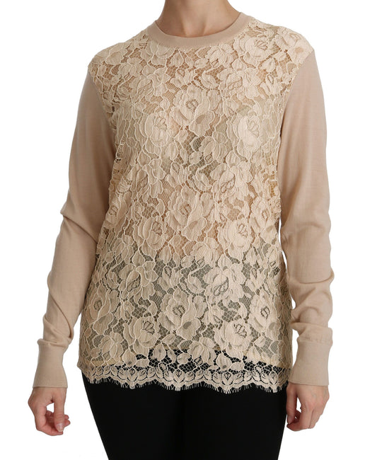 Blusa elegante de cachemira con cuello redondo y encaje beige de Dolce & Gabbana