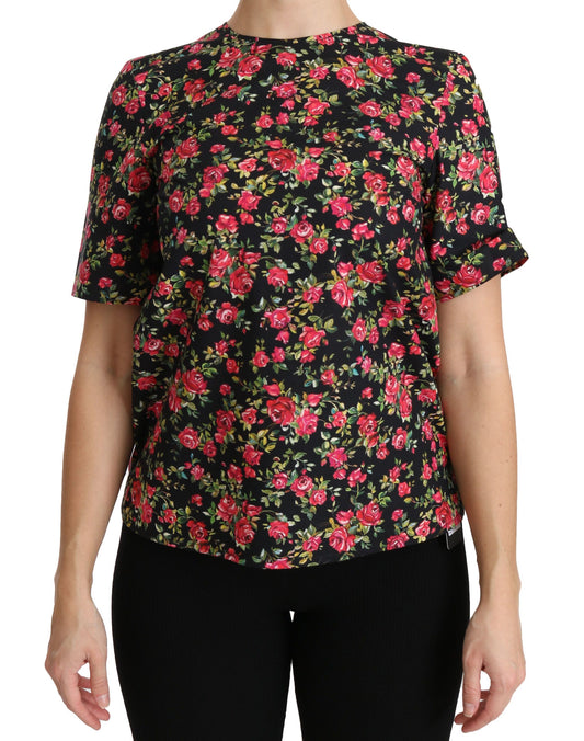 Elegante top de cuello redondo con estampado floral negro de Dolce & Gabbana