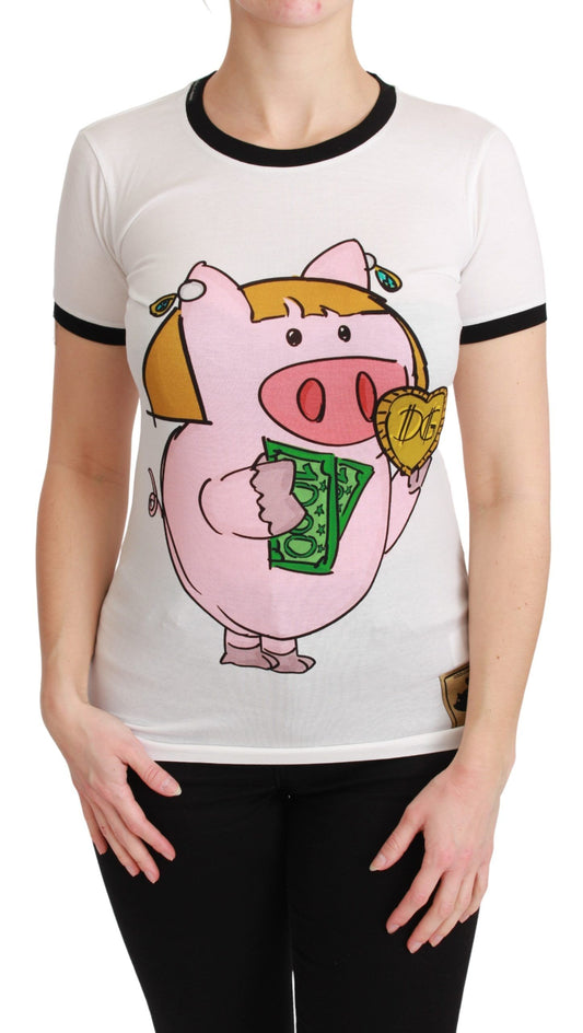 Elegante camiseta de cuello redondo de algodón blanco con motivo de Dolce & Gabbana