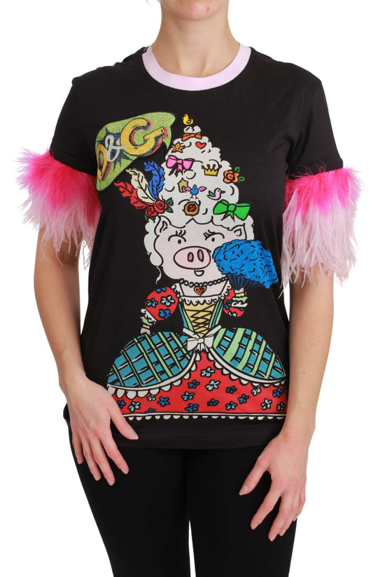 Camiseta elegante con cuello redondo y motivo del Año del Cerdo de Dolce & Gabbana