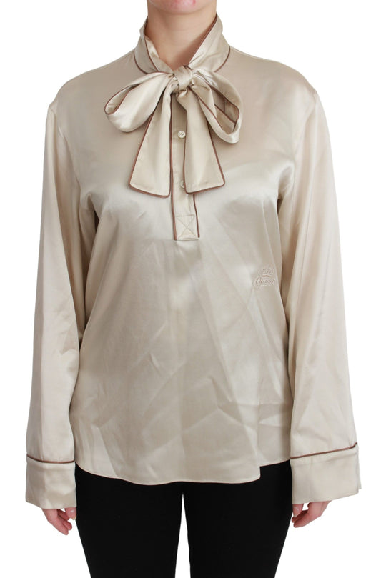Elegante blusa de satén de seda beige con bordado QUEEN de Dolce & Gabbana