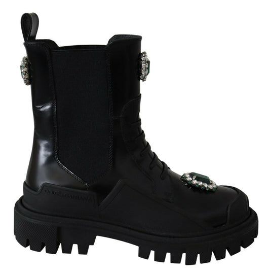 Botas de combate elegantes de cuero negro con detalle de cristales de Dolce & Gabbana