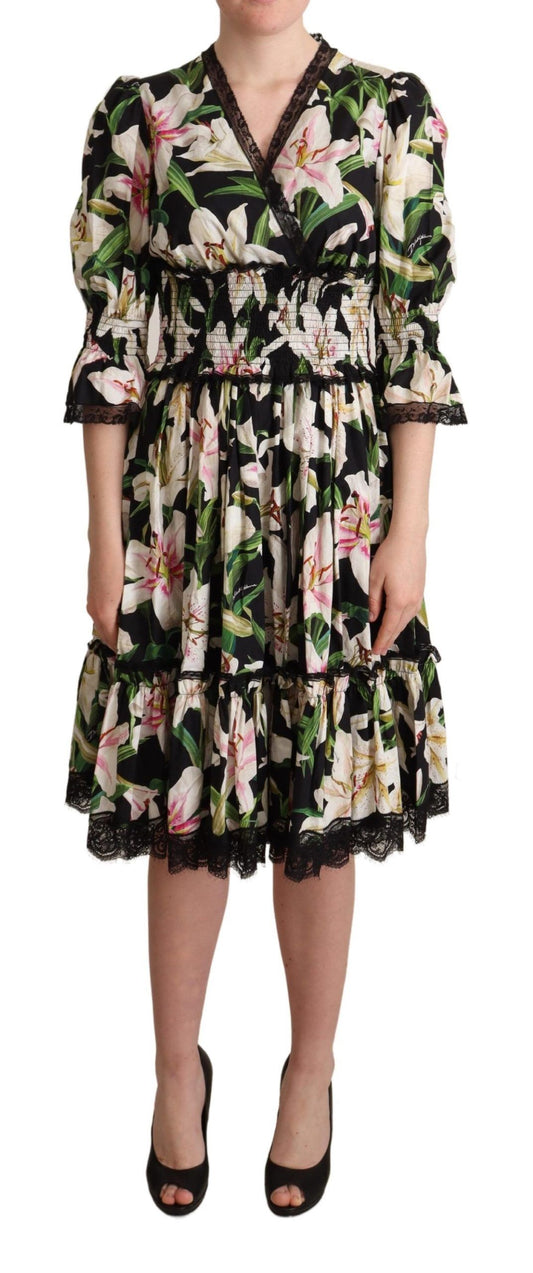 Vestido midi elegante con estampado de lirios y ribete de encaje de Dolce & Gabbana