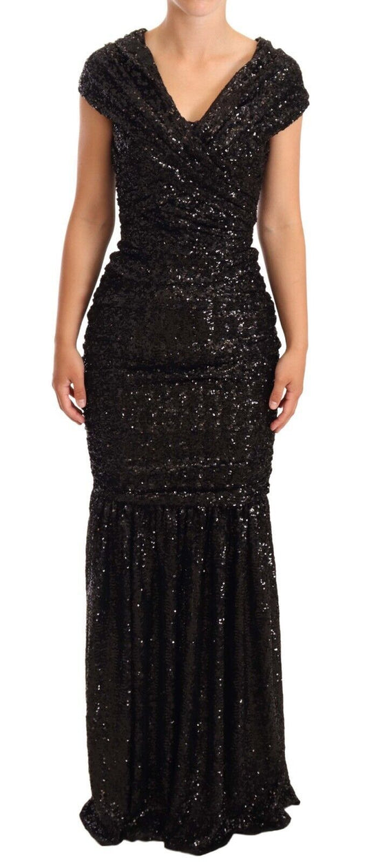Vestido elegante negro con lentejuelas y hombros descubiertos de Dolce & Gabbana