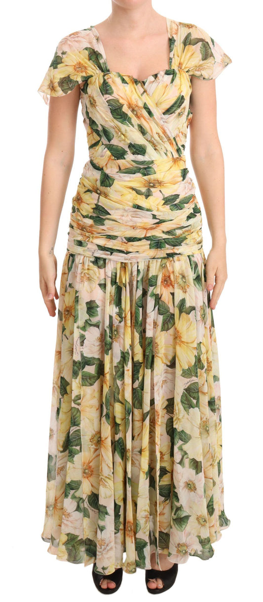 Vestido largo plisado de seda con estampado floral y elegancia de Dolce & Gabbana