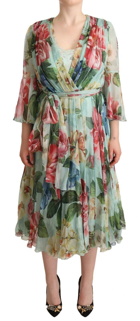 Vestido midi elegante de seda verde con estampado floral de Dolce & Gabbana