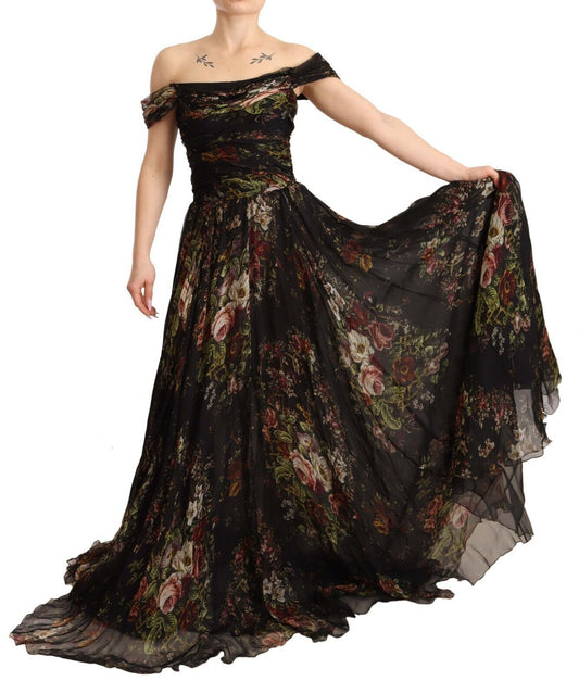 Vestido largo de seda con estampado floral y hombros descubiertos de Dolce & Gabbana