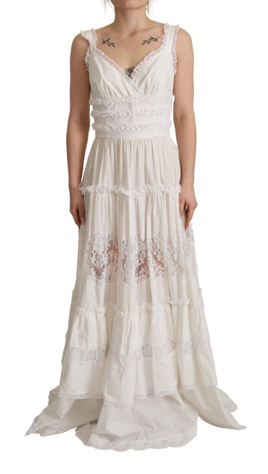 Vestido largo elegante en blanco con escote en A y capas de Dolce & Gabbana