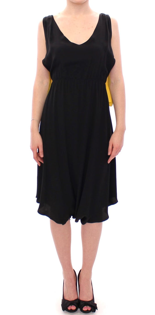Vestido recto elegante de mezcla de seda en negro y amarillo de Lamberto Petri