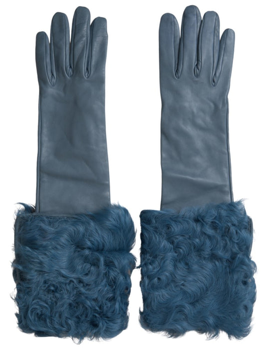 Guantes elegantes de piel azul con ribete de piel de Dolce & Gabbana