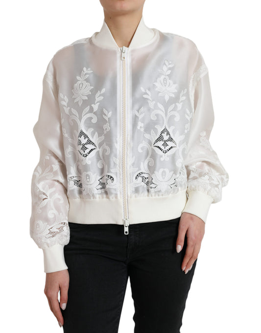 Elegante cazadora bomber de seda blanca de Dolce & Gabbana