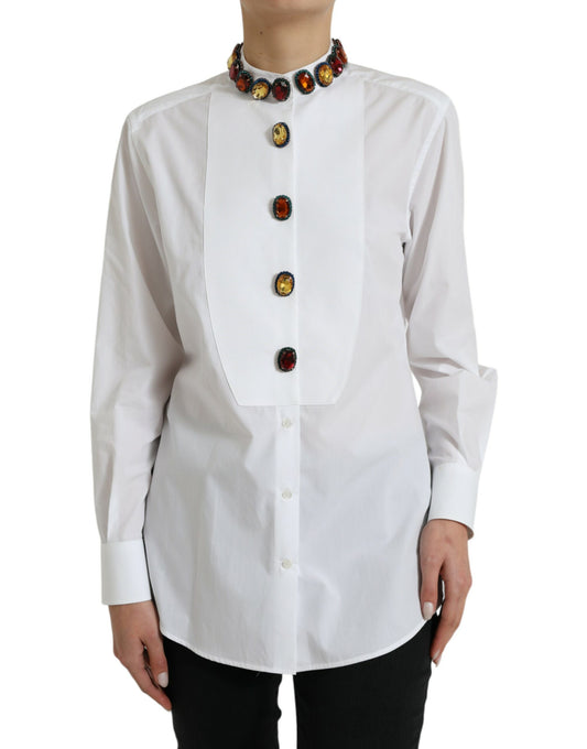 Elegante top de algodón blanco adornado con cristales de Dolce & Gabbana