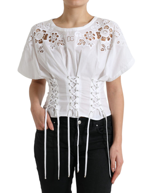 Blusa elegante con encaje y estampado floral blanco de Dolce & Gabbana