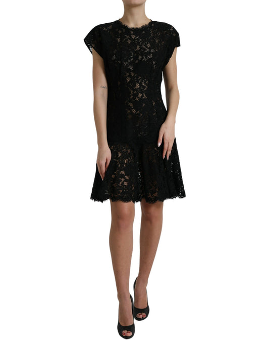 Vestido mini elegante de encaje floral negro con corte en A de Dolce & Gabbana