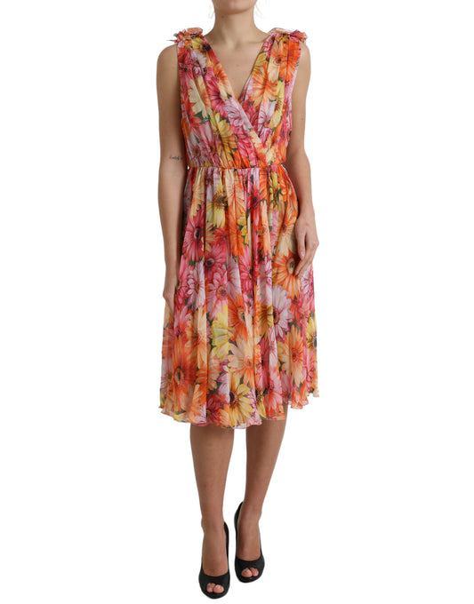 Vestido midi elegante de seda con flores y escote en V de Dolce & Gabbana