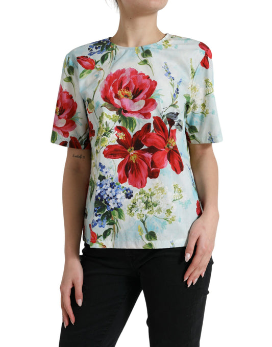 Top de algodón con cuello redondo y estampado floral elegante de Dolce & Gabbana