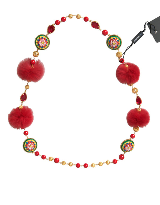 Collar de cadena Carretto de piel roja con cristales y latón dorado de Dolce & Gabbana