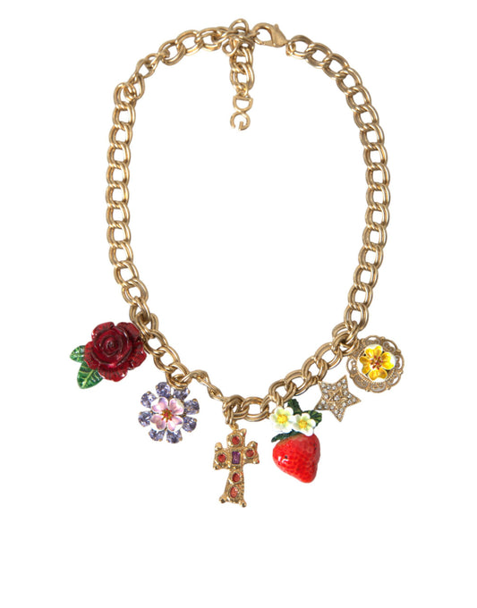 Collar con colgante de estrella, fresa y cruz rosa con cadena dorada de Dolce & Gabbana