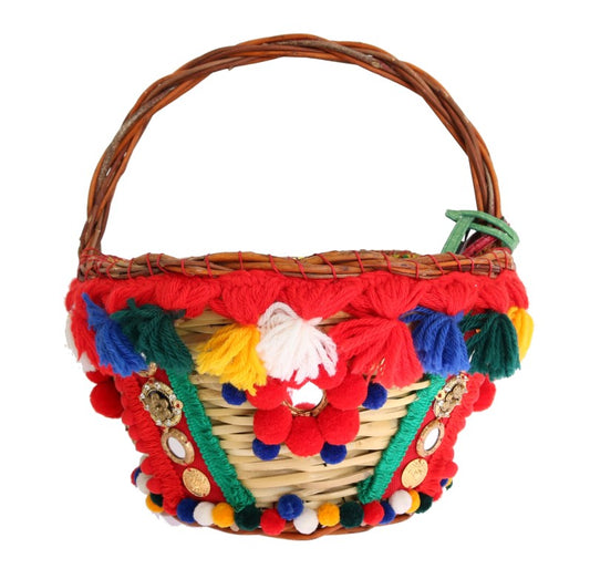 Bolso tote elegante de paja beige y pompones de pieles exóticas de Dolce & Gabbana