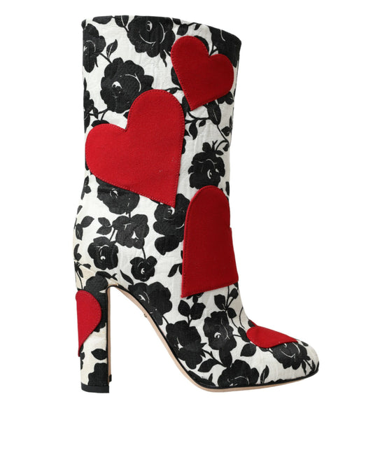 Botas altas de piel con corazones y flores blancas de Dolce & Gabbana