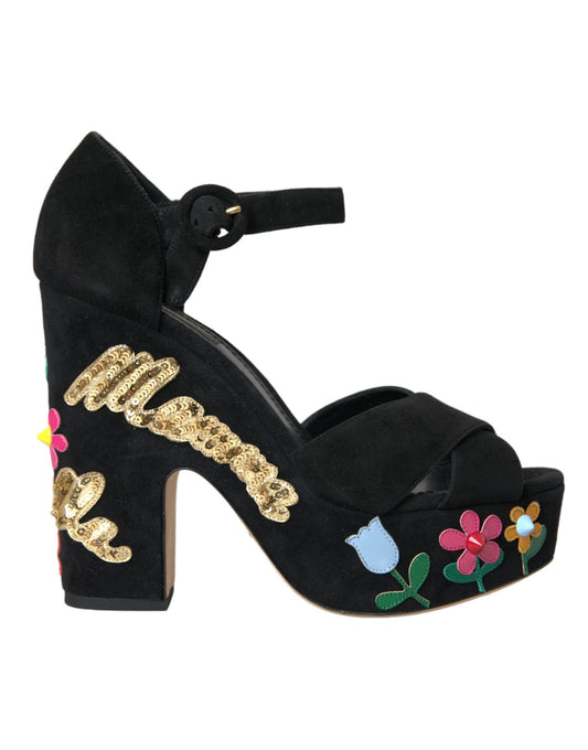 Sandalias de tacón con tiras en el tobillo de ante negro de Dolce & Gabbana