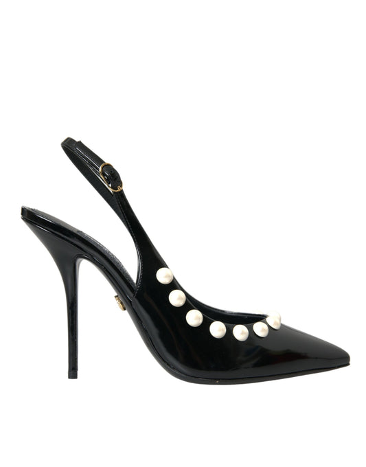 Zapatos de tira trasera con tacón de perla sintética y cuero negro de Dolce & Gabbana