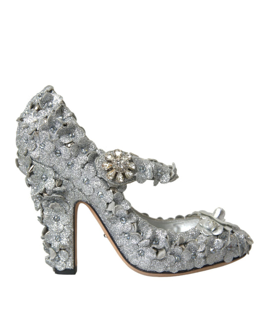 Zapatos Mary Jane con cristales y flores en plata de Dolce & Gabbana