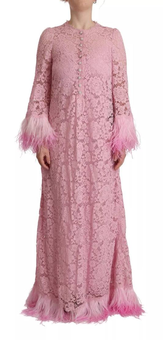Vestido recto de manga larga con plumas y encaje color lila de Dolce & Gabbana