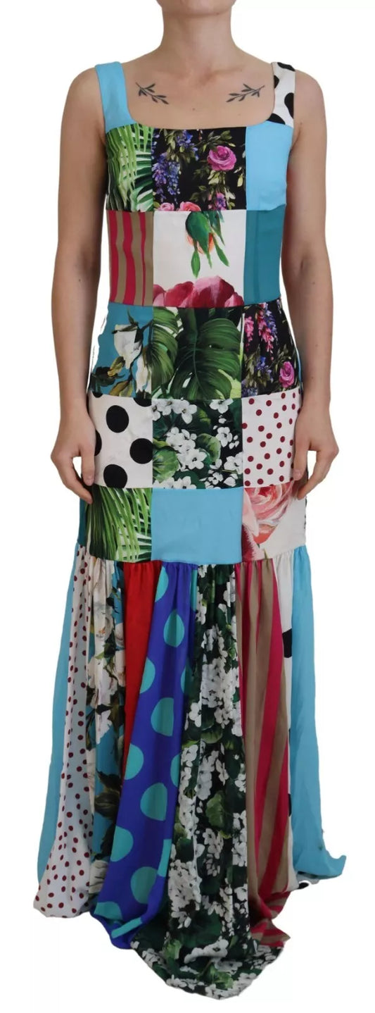 Vestido largo con estampado de patchwork multicolor de seda de Dolce & Gabbana