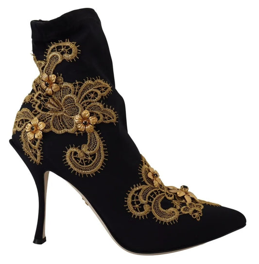 Botas sin cordones con bordado dorado en negro de Dolce & Gabbana