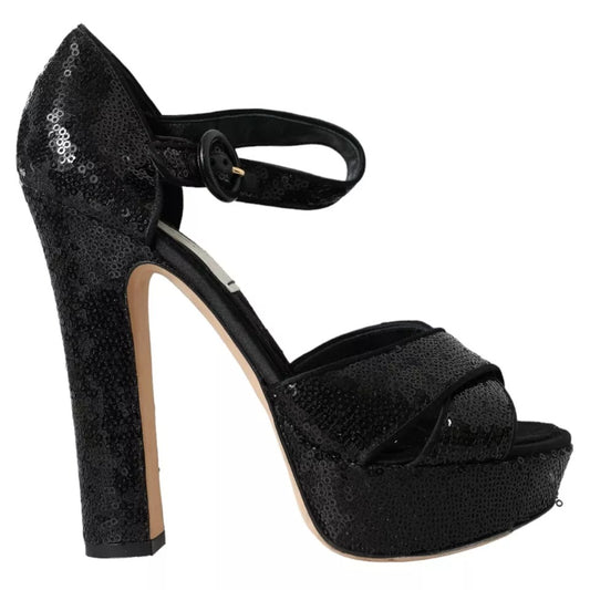 Sandalias de tacón con tiras en el tobillo y lentejuelas negras de Dolce & Gabbana