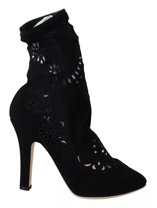 Botas negras con tacón elástico y encaje floral de Dolce & Gabbana