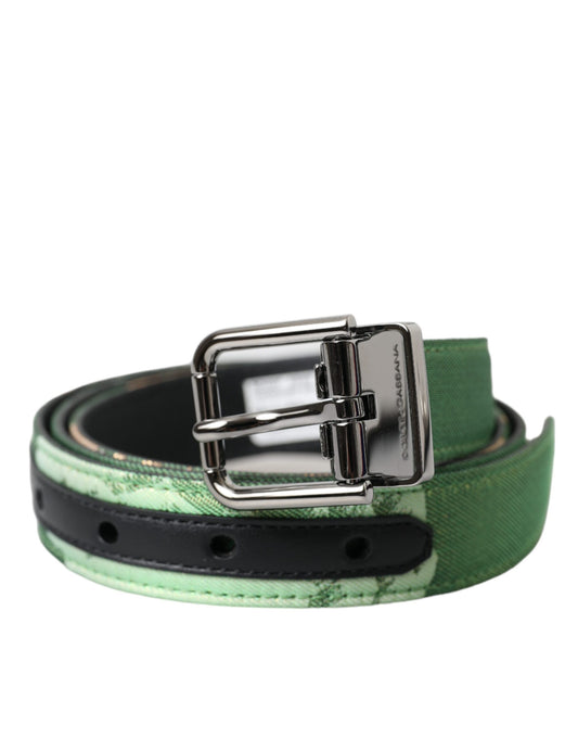 Cinturón con hebilla de metal plateado y jacquard de piel verde de Dolce & Gabbana