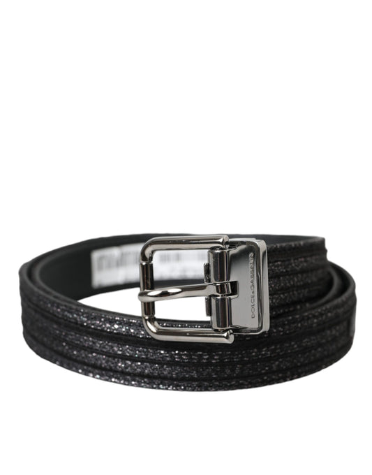 Cinturón con hebilla de metal plateado y rayas de jacquard negras de Dolce & Gabbana
