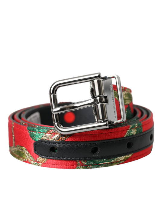 Cinturón de piel roja con hebilla de metal plateado y jacquard de Dolce & Gabbana