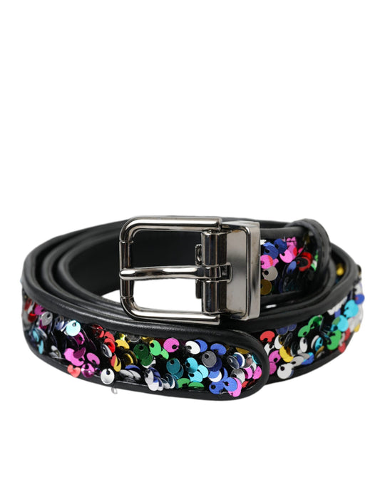 Cinturón de mujer con hebilla de metal plateado y lentejuelas negras de Dolce & Gabbana