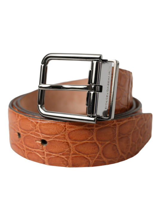 Cinturón de piel exótica marrón con hebilla de metal plateado de Dolce & Gabbana