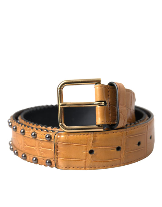 Cinturón de piel de cocodrilo beige con hebilla de metal tachonada de Dolce & Gabbana