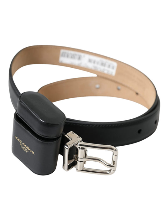 Estuche de cuero negro para Airpods de Dolce & Gabbana Cinturón con hebilla plateada