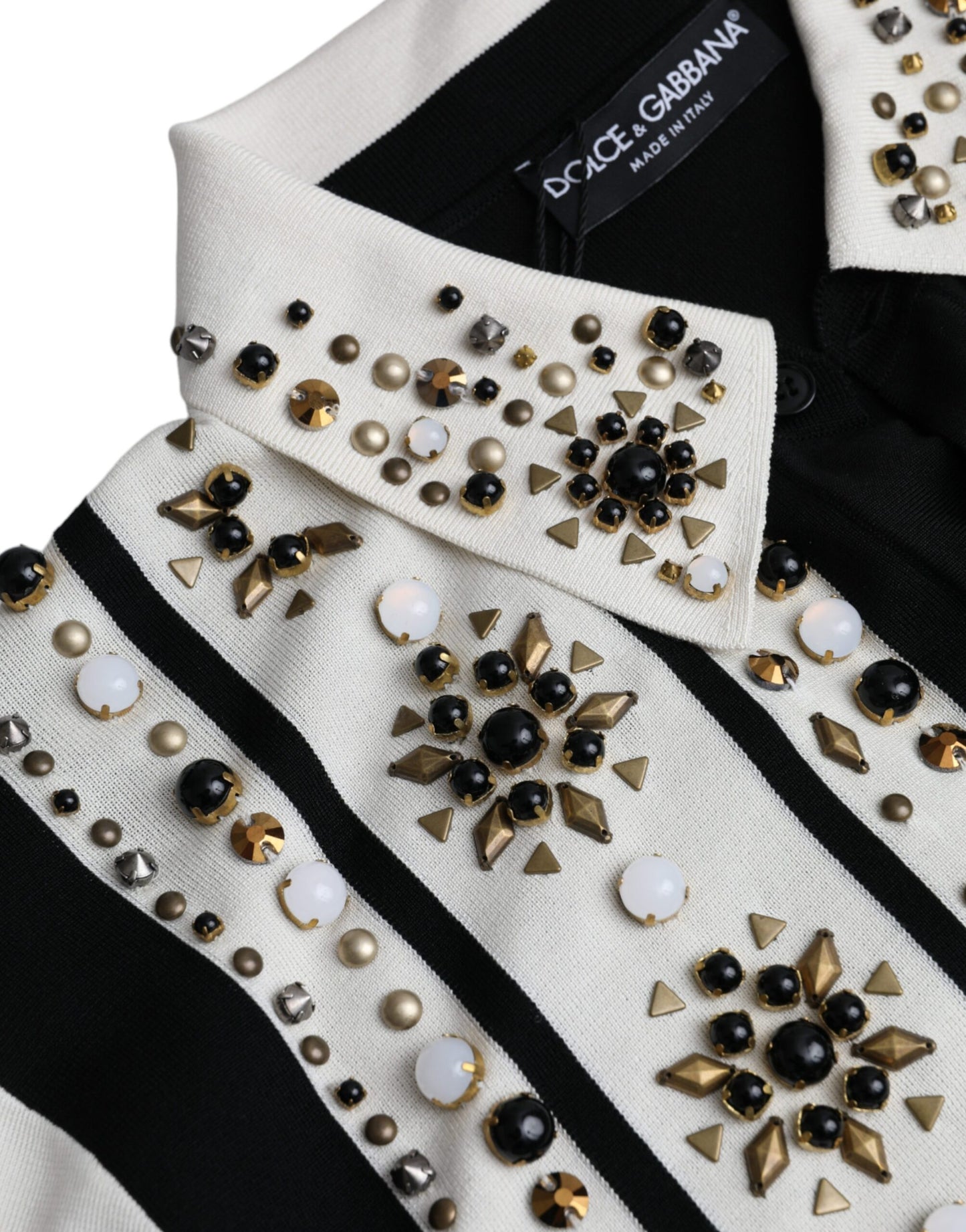 Camisa de seda blanca y negra con cristales tachonados de Dolce & Gabbana