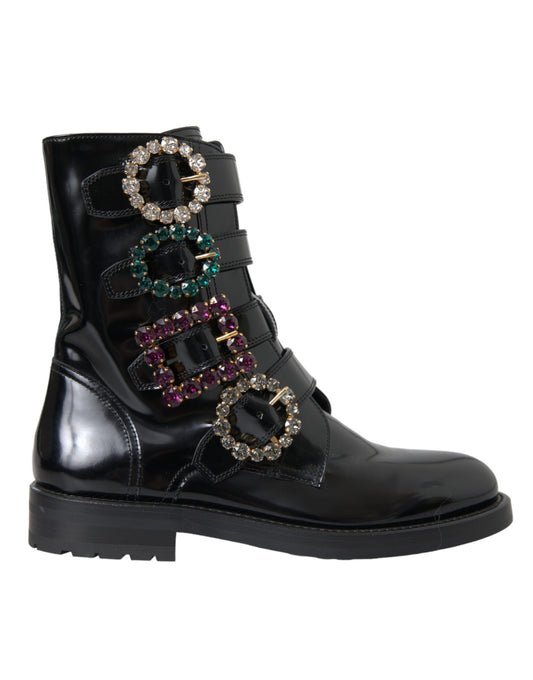 Botas y zapatos de piel negra con hebillas de cristal de Dolce & Gabbana