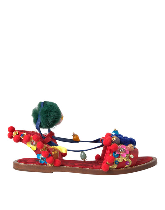 Sandalias con pompones multicolores y piel de oveja de Dolce & Gabbana