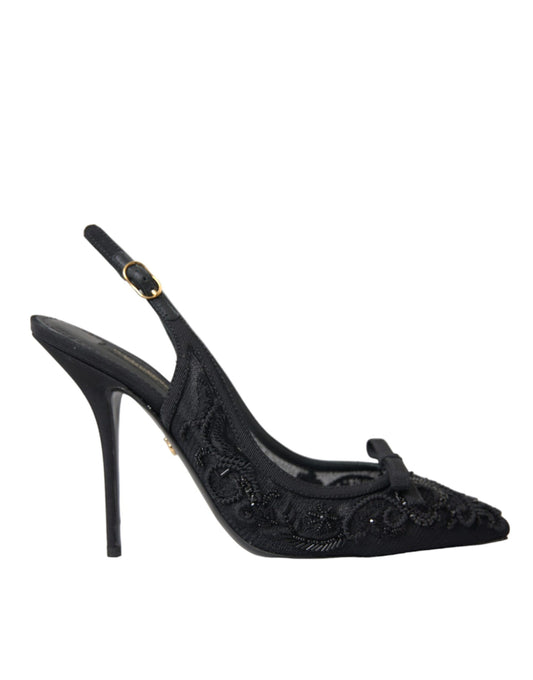 Zapatos de tacón con tiras cruzadas Ricamo de tul negro de Dolce & Gabbana