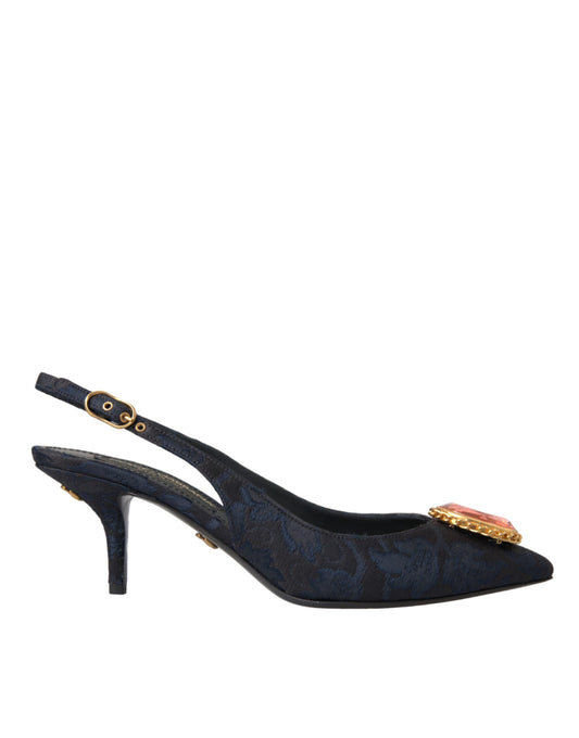 Zapatos de tacón con tiras cruzadas y cristales en jacquard en azul de Dolce & Gabbana