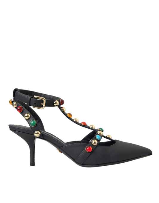 Sandalias de tacón con adornos de cuero negro de Dolce & Gabbana