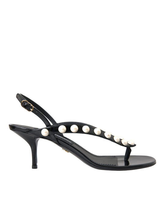 Sandalias de piel negra con tacón de perlas sintéticas de Dolce & Gabbana