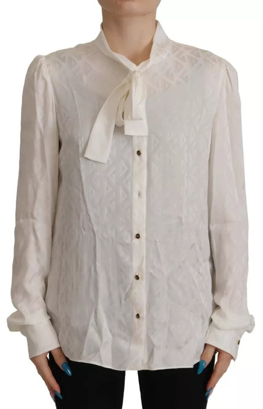 Blusa con cuello Ascot de seda estampada en blanco de Dolce & Gabbana