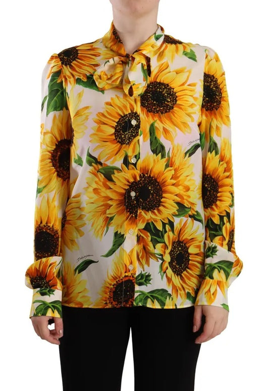 Blusa con cuello ascot de seda con estampado de girasoles blancos de Dolce & Gabbana