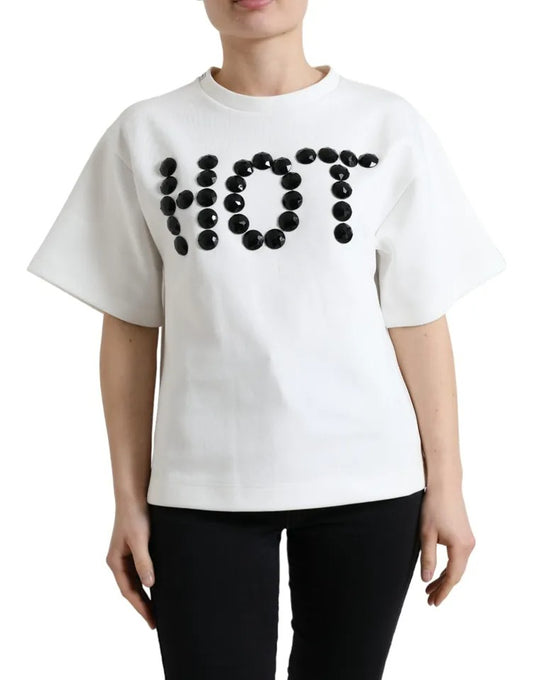 Camiseta negra elástica de algodón blanco con cristales HOT de Dolce & Gabbana