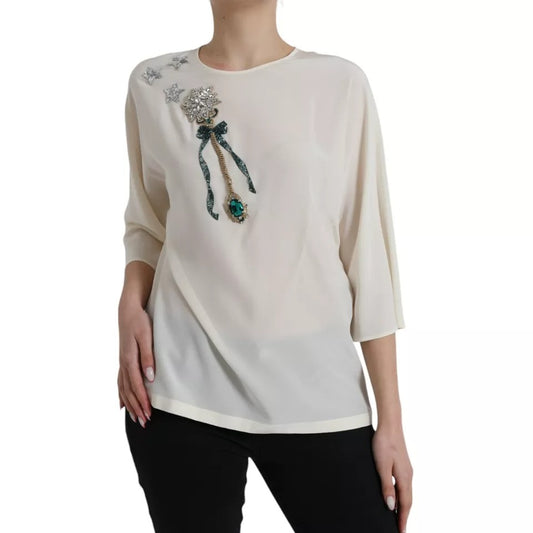 Blusa de manga 3/4 con cristales y seda blanca de Dolce & Gabbana